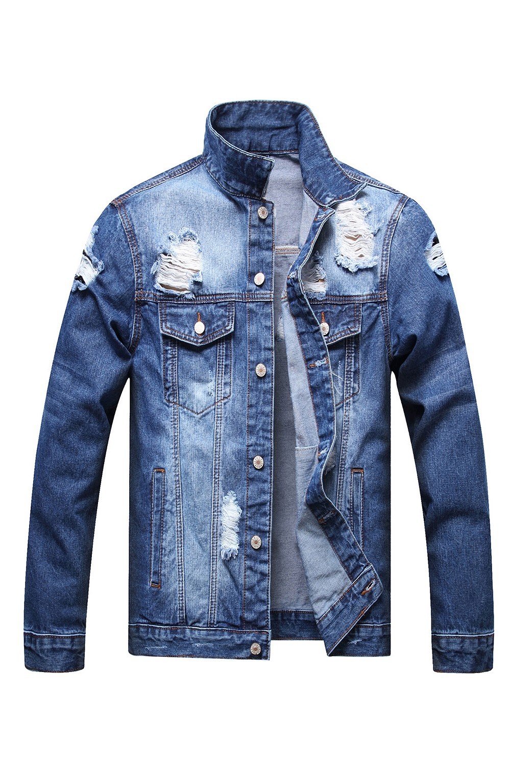 US$15.51 Men's Dark Blue Ripped Denim Jacket Wholesale - www.dear-lover.com
