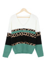 Leopard Print Color Block V Neck Sweater