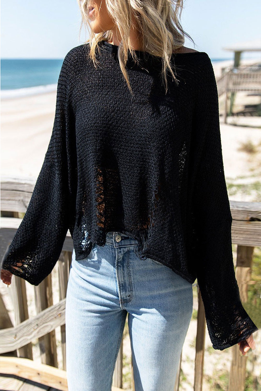 Black Distressed Boxy Fit Crop Knit Sweater - (US 4-6)S
