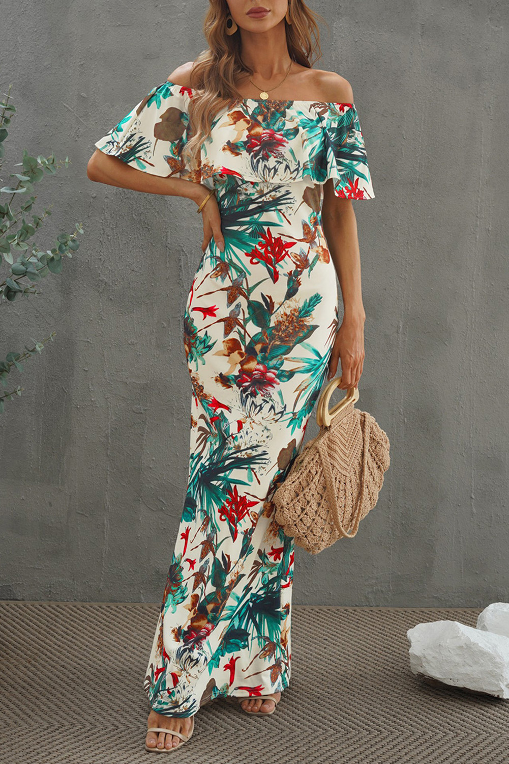 Vibrant Botanic Print Off-the-shoulder Maxi Dress - (US 4-6)S