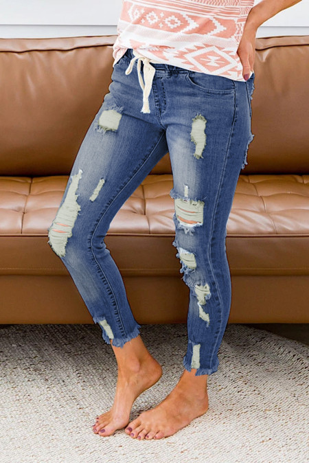 elastic waist ripped jeans