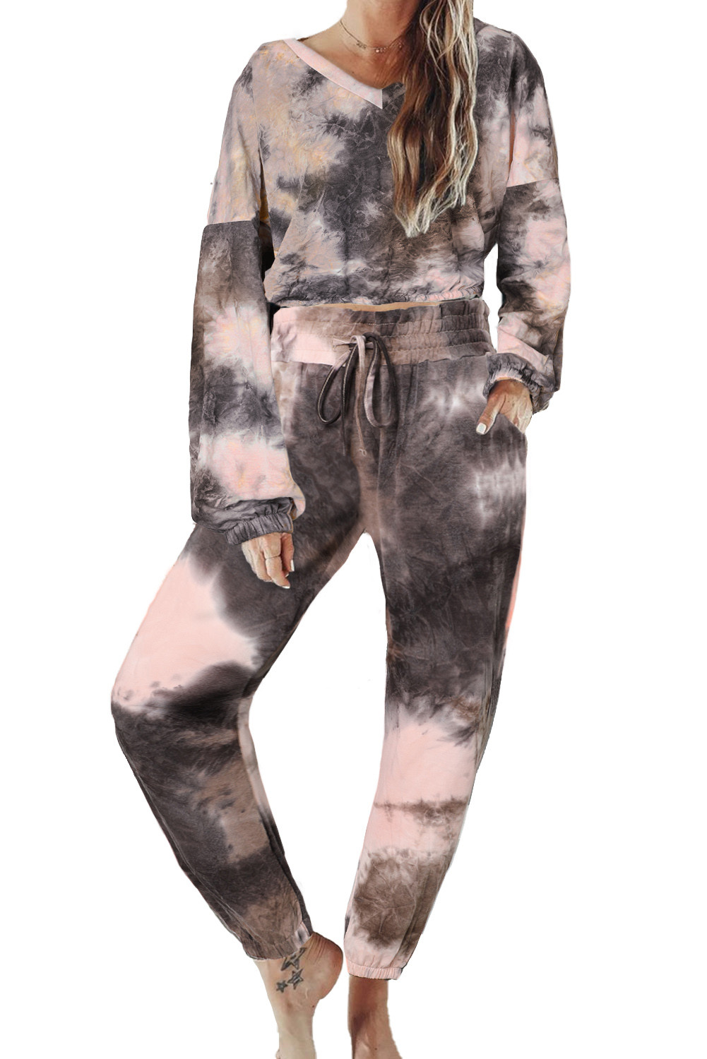 US$11.6 Black Tie-dye Crop Long Sleeve and Joggers Set Wholesale - www.dear-lover.com