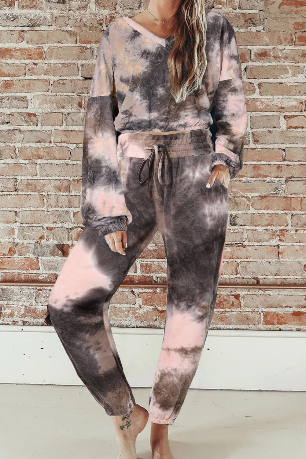 US$11.6 Black Tie-dye Crop Long Sleeve and Joggers Set Wholesale - www.dear-lover.com
