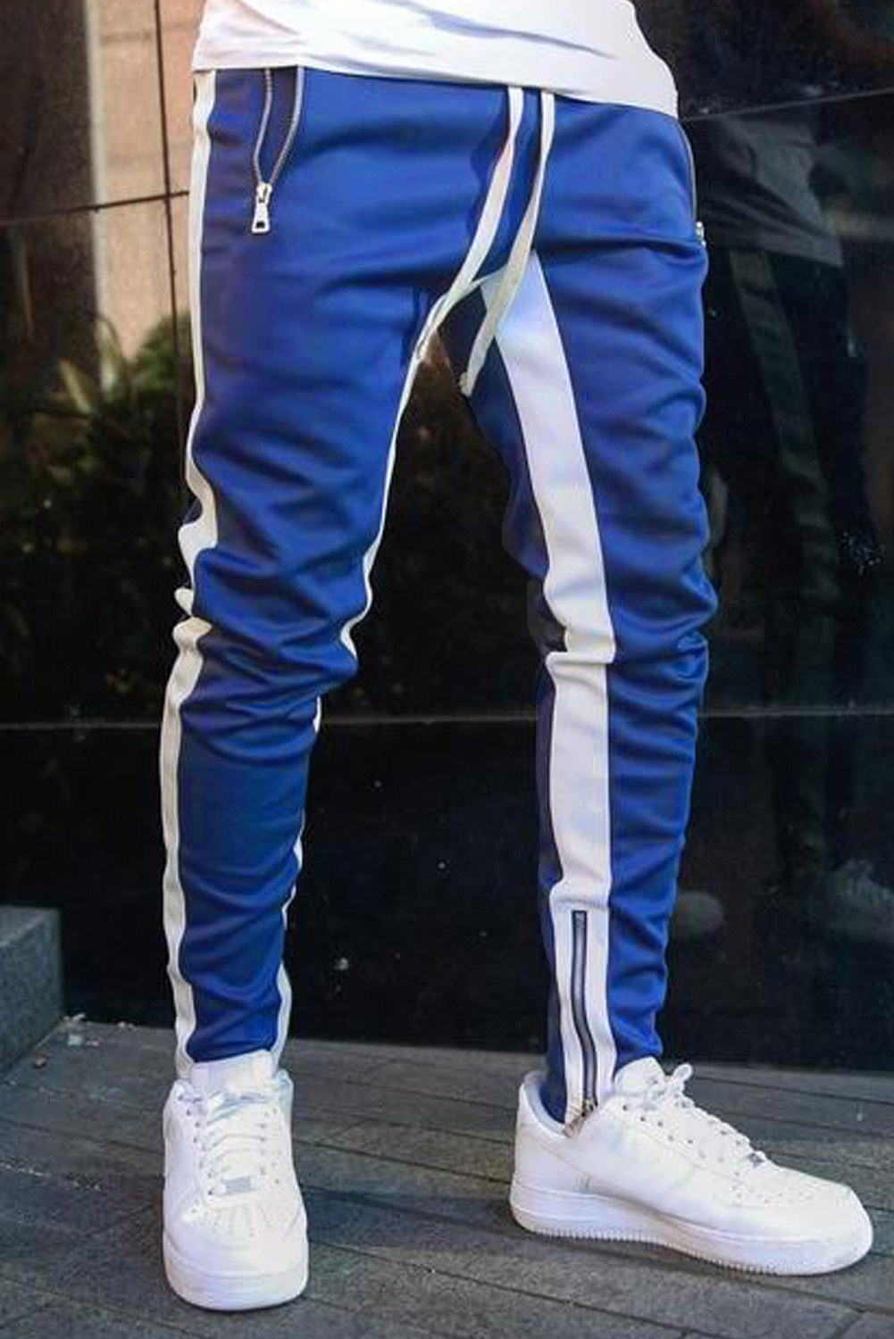 Pantalones de chándal para hombre casuales con cremallera de patchwork en bloques de color azul