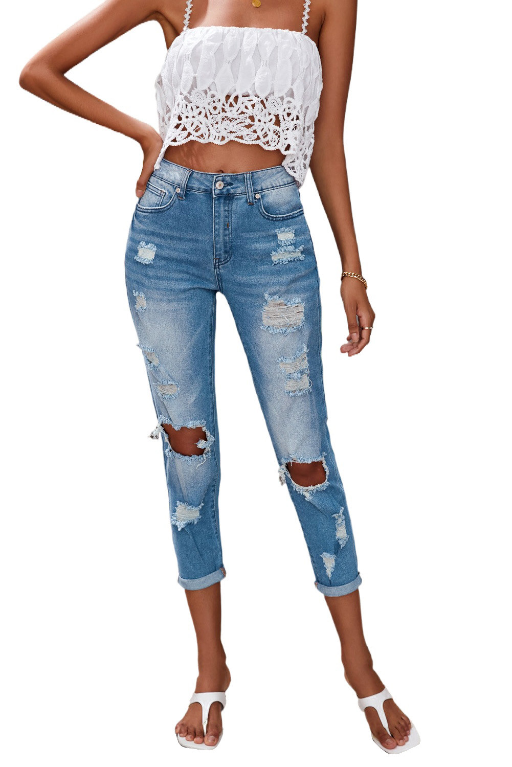 blue ripped straight leg jeans