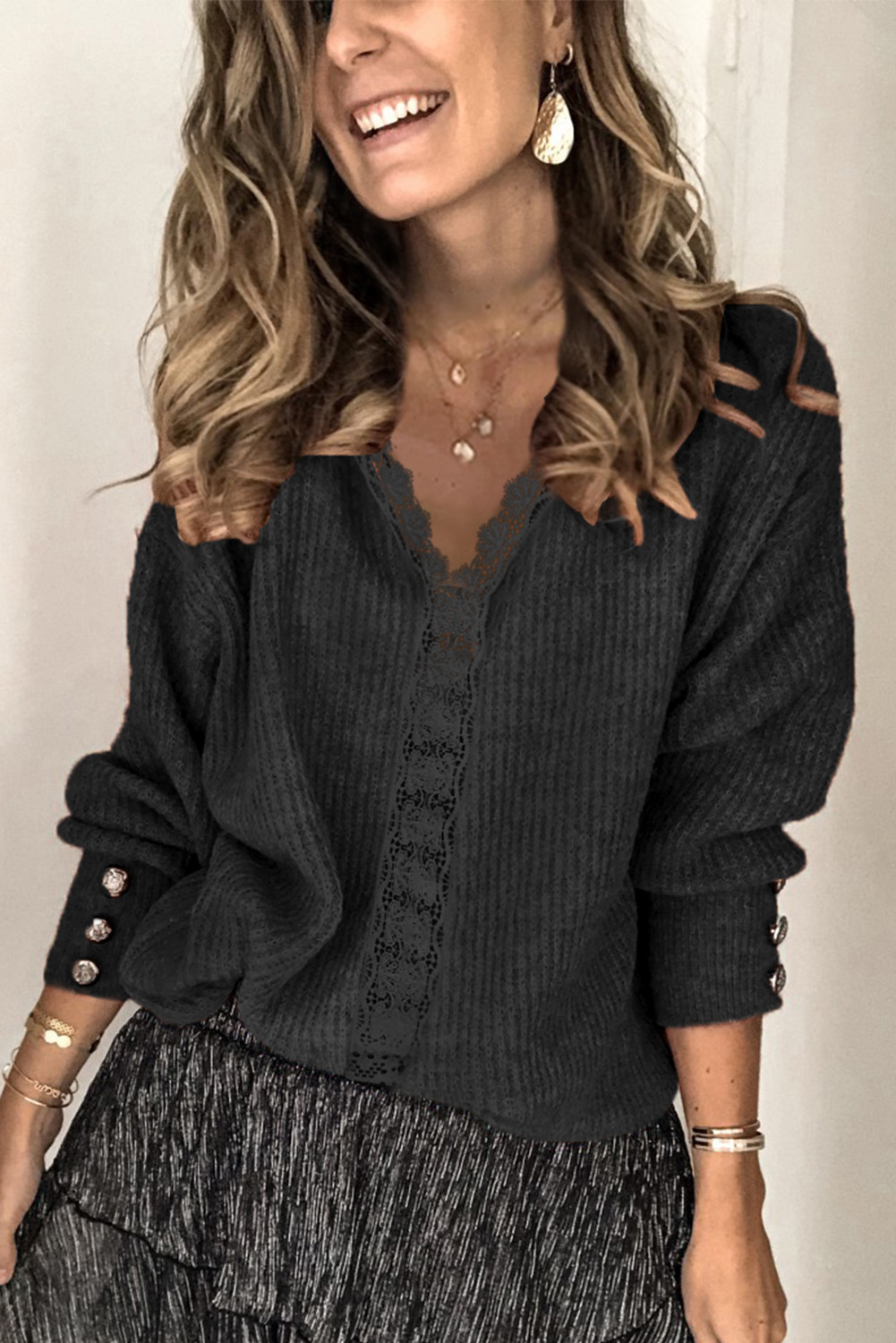 Black Lace V Neck Knitted Pullover Sweater - (US 8-10)M