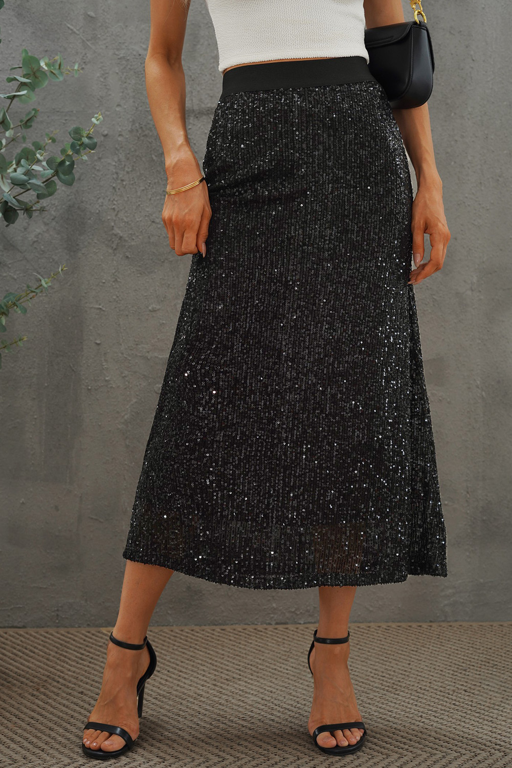 Black Sequin High Waist Bodycon Mid Skirt - (US 16-18)XL