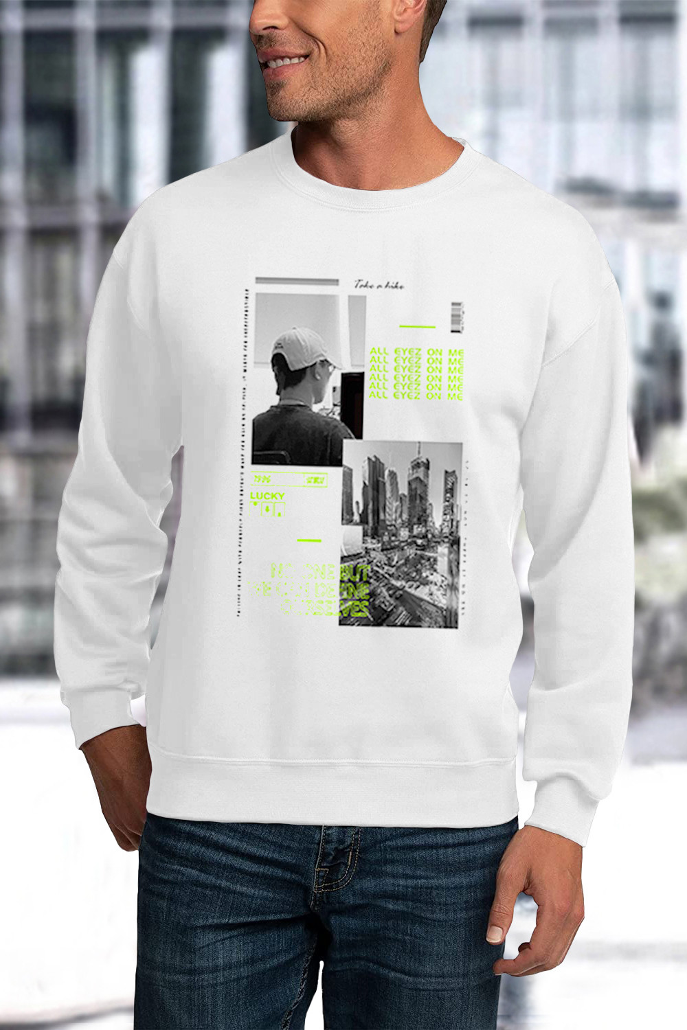 Weißes Herren-Grafik-Sweatshirt mit Buchstabenmuster-Print und Rundhalsausschnitt