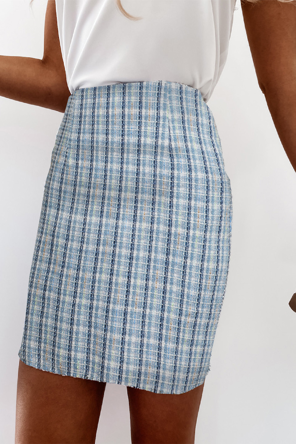 Sky Blue High Waist Tweed Plaid Mini Skirt - (US 4-6)S