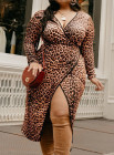 Leopard Wrap V Neck Plus Size Dress with A Slit