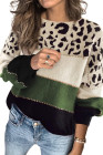 Green Leopard Colorblock Drop Shoulder Long Sleeve Knitted Sweater