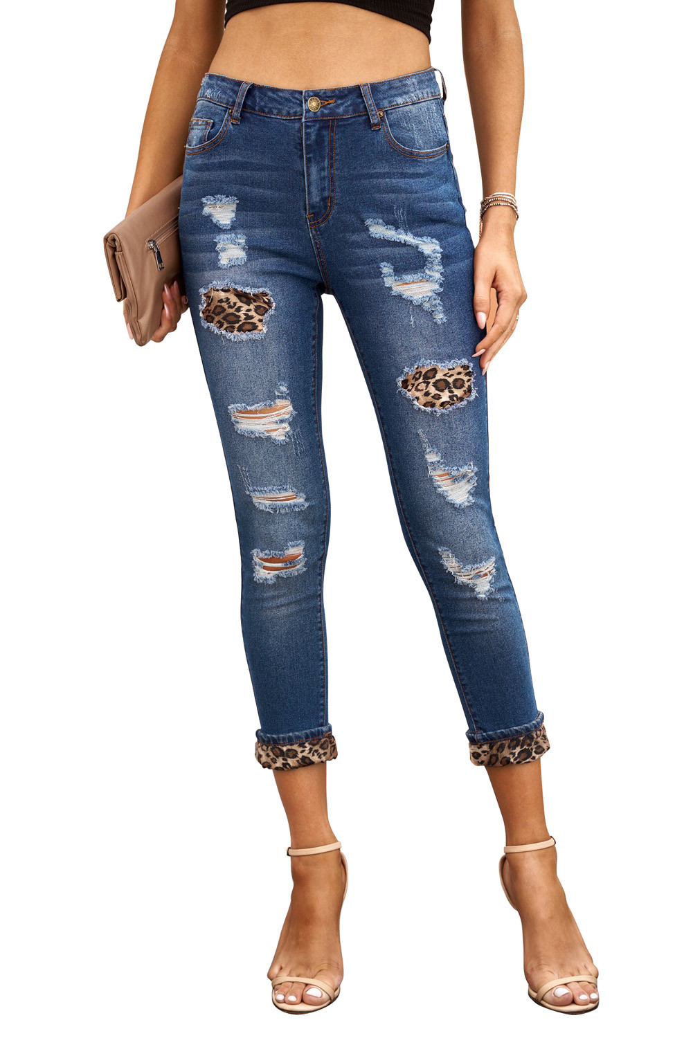 leopard patch distressed jeans