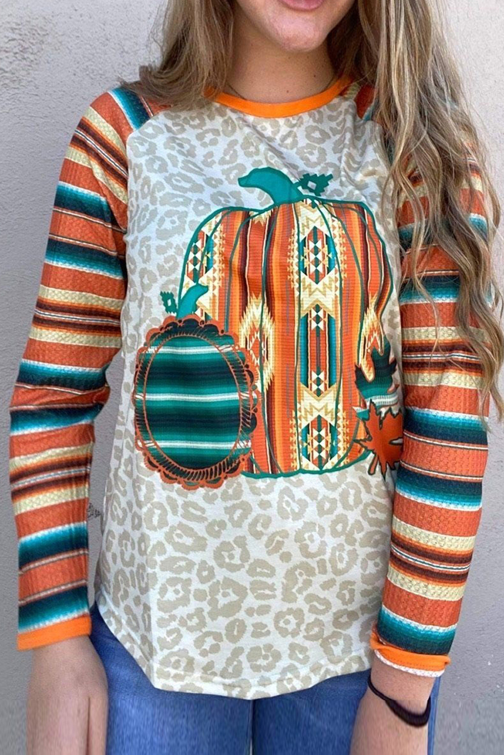 Serape Halloween Pumpkin Leopard Long Sleeve Top - (US 12-14)L