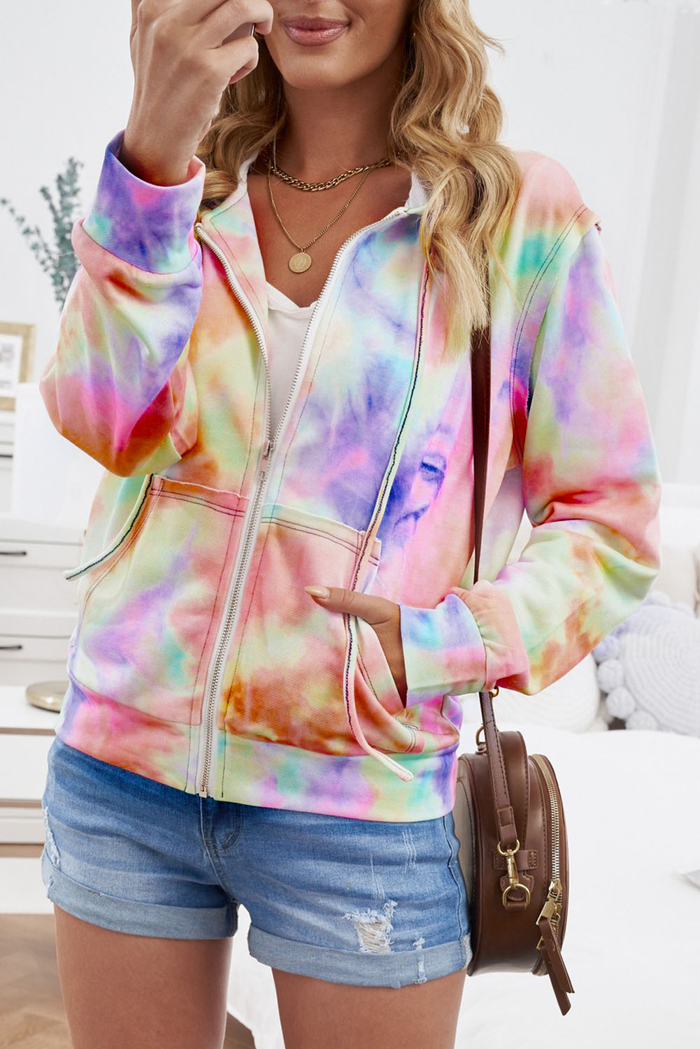 Multicolor Tie-dye Pocket Zip Up Hoodie - (US 4-6)S
