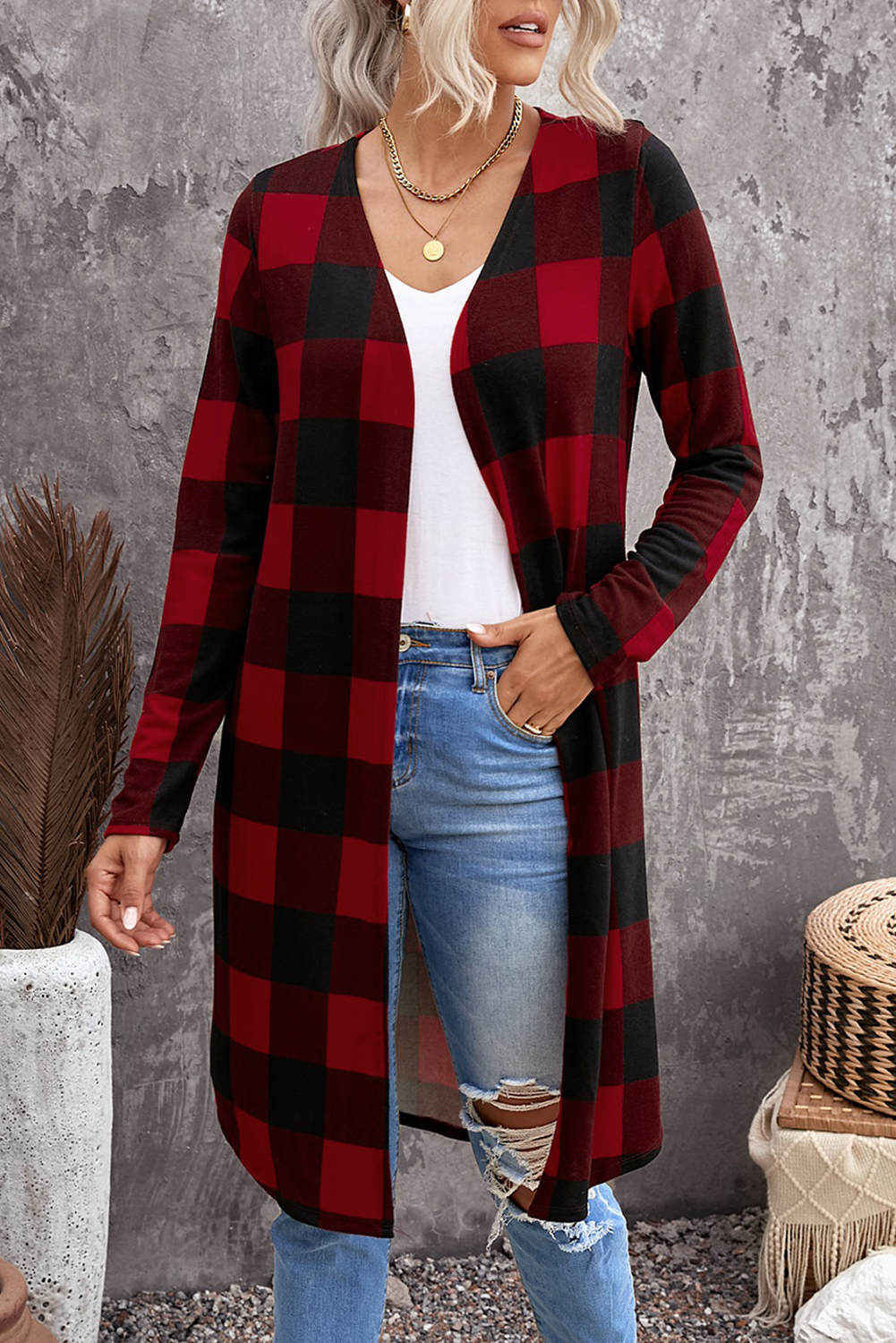 Red Plaid Print Long Cardigan - (US 4-6)S