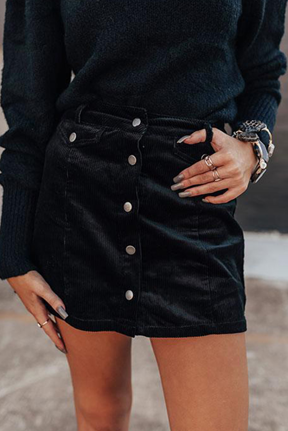 Black High Waist Button Corduroy Mini Skirt - (US 4-6)S