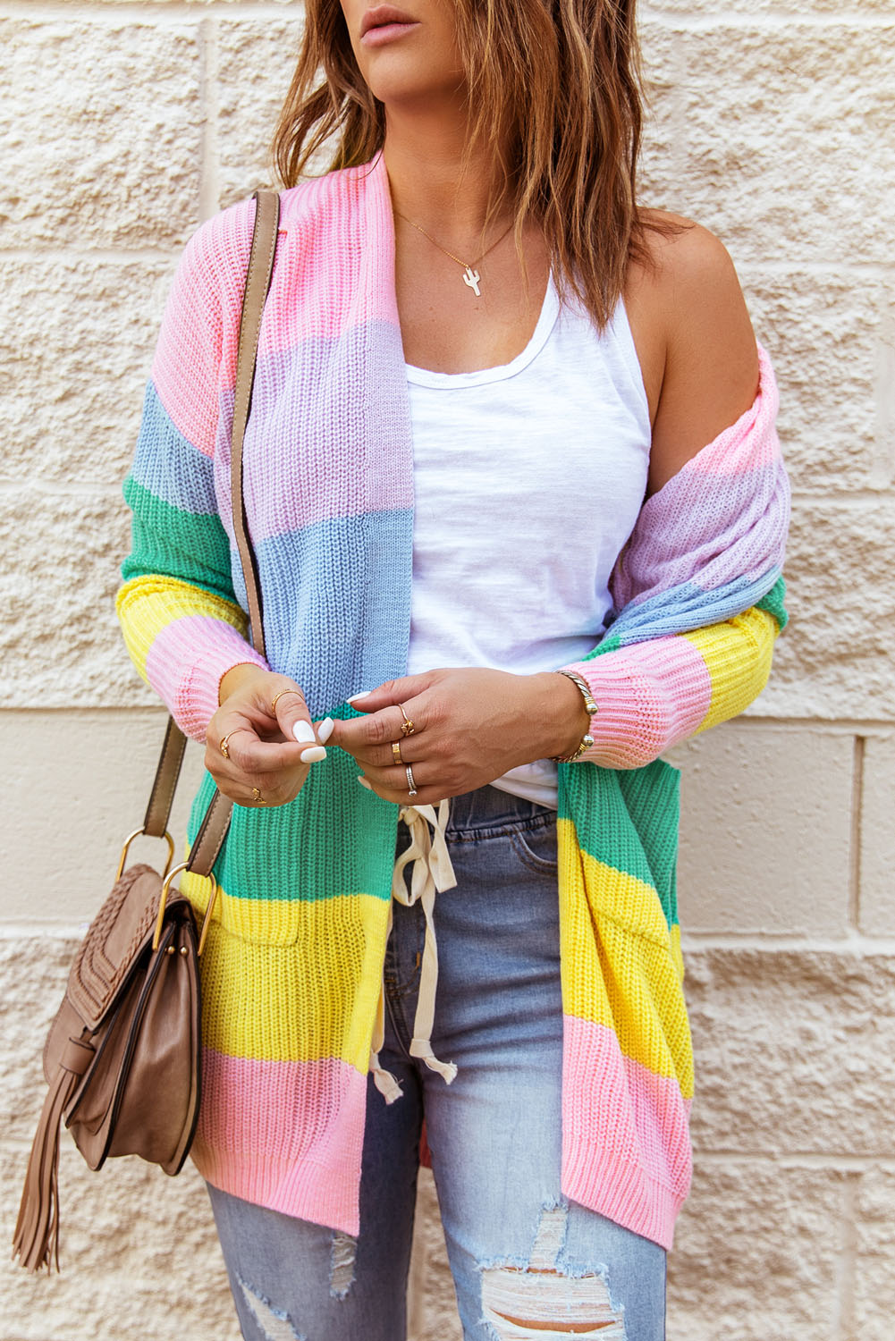 Pink Rainbow Color Block Open Front Drape Oversized Knitted Cardigan - (US 4-6)S