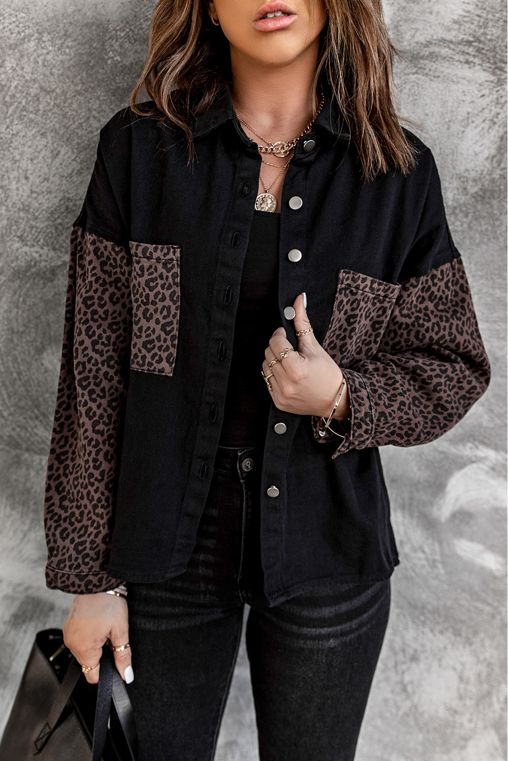 Black Contrast Leopard Denim Jacket - (US 8-10)M