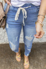 Jeans strappati con foro elastico in vita con coulisse blu cielo