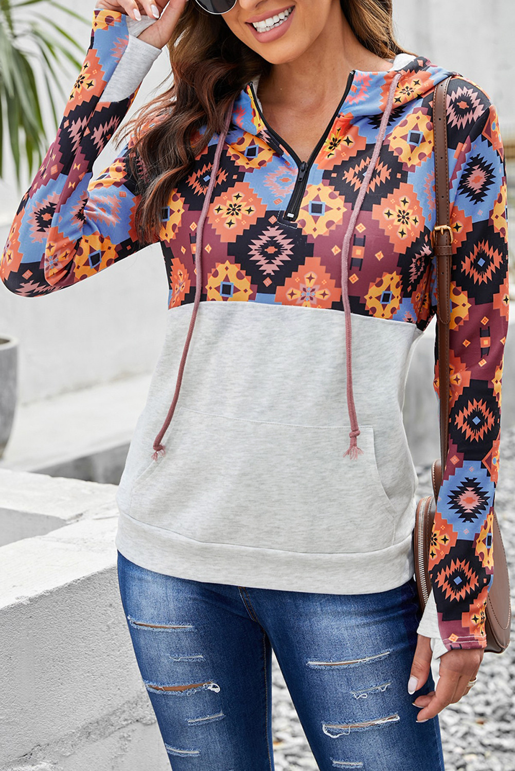 Orange Boho Print Color Block Patchwork Zip Collar Sweatshirt