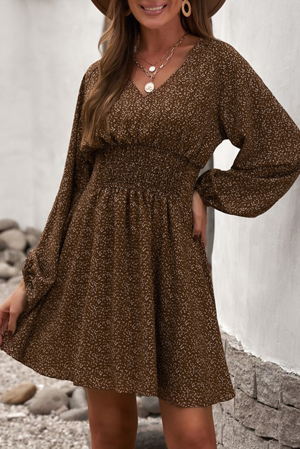 Brown V Neck Balloon Sleeve Smocked Waist Printed Mini Dress - (US 12-14)L