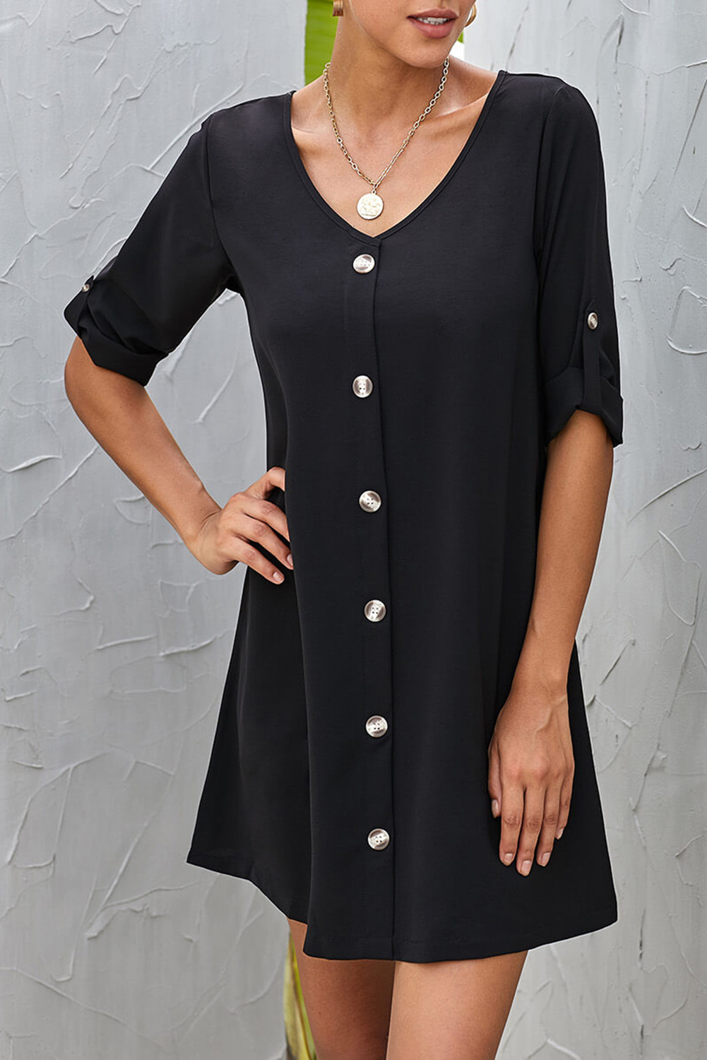 Black V Neck Button Front Roll up Tab Sleeve Dress - (US 8-10)M