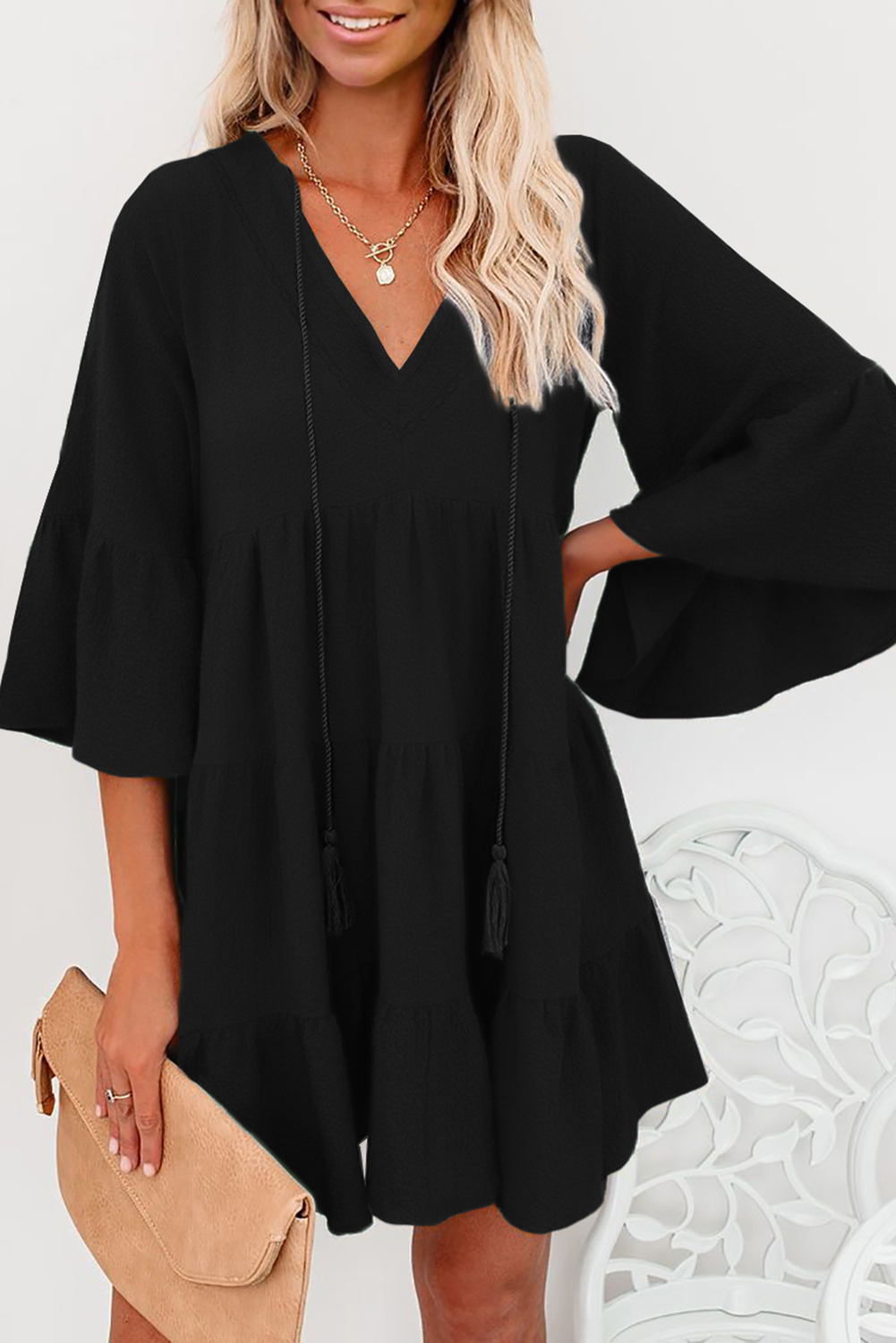 Black Cotton Tiered Babydoll Tunic Dress - (US 12-14)L