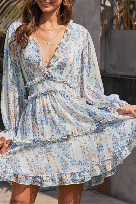 $12.98 Blue Ruffle Detailing Open Back Floral Dress, Floral Dresses ...