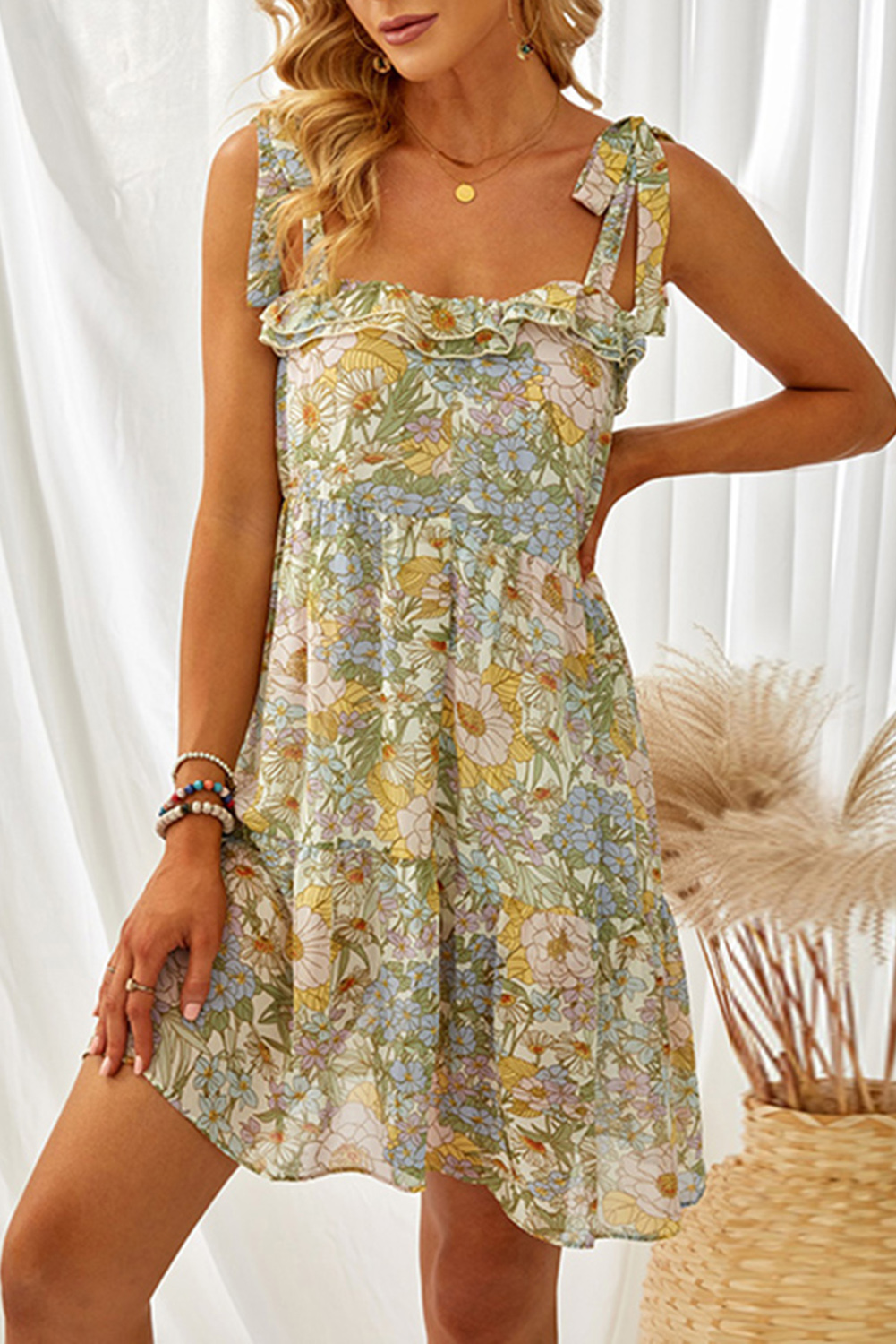 Multicolor Floral Chiffon Tie Dress - (US 16-18)XL