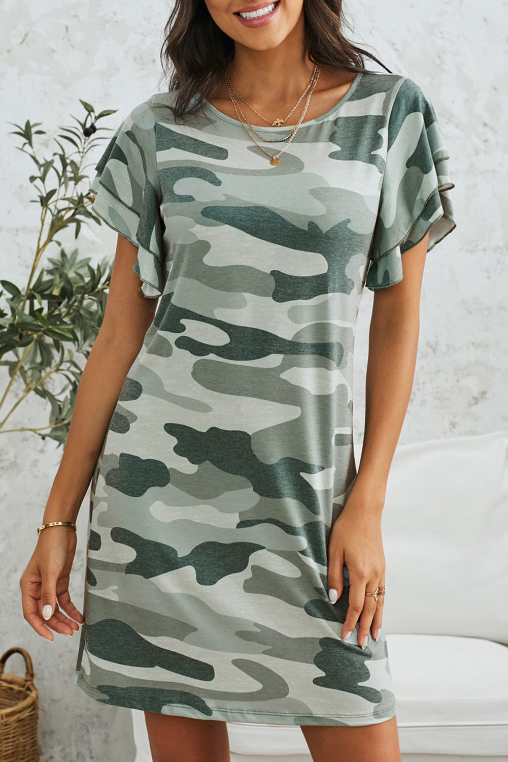 Green Pile Of Sleeves Camouflage Dress - (US 12-14)L