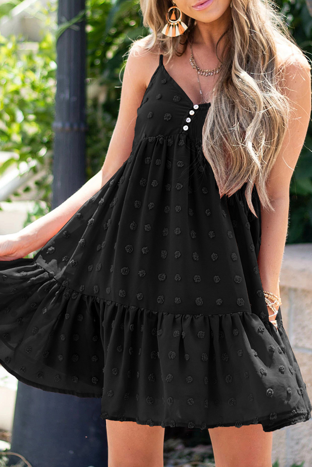 Black Polka Dot Texture Slip Mini Dress - (US 12-14)L