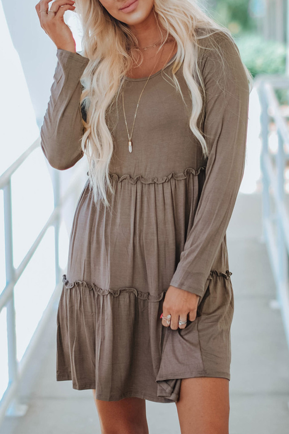 Gray Long Sleeve Ruffled Solid Swing Mini Dress - (US 4-6)S