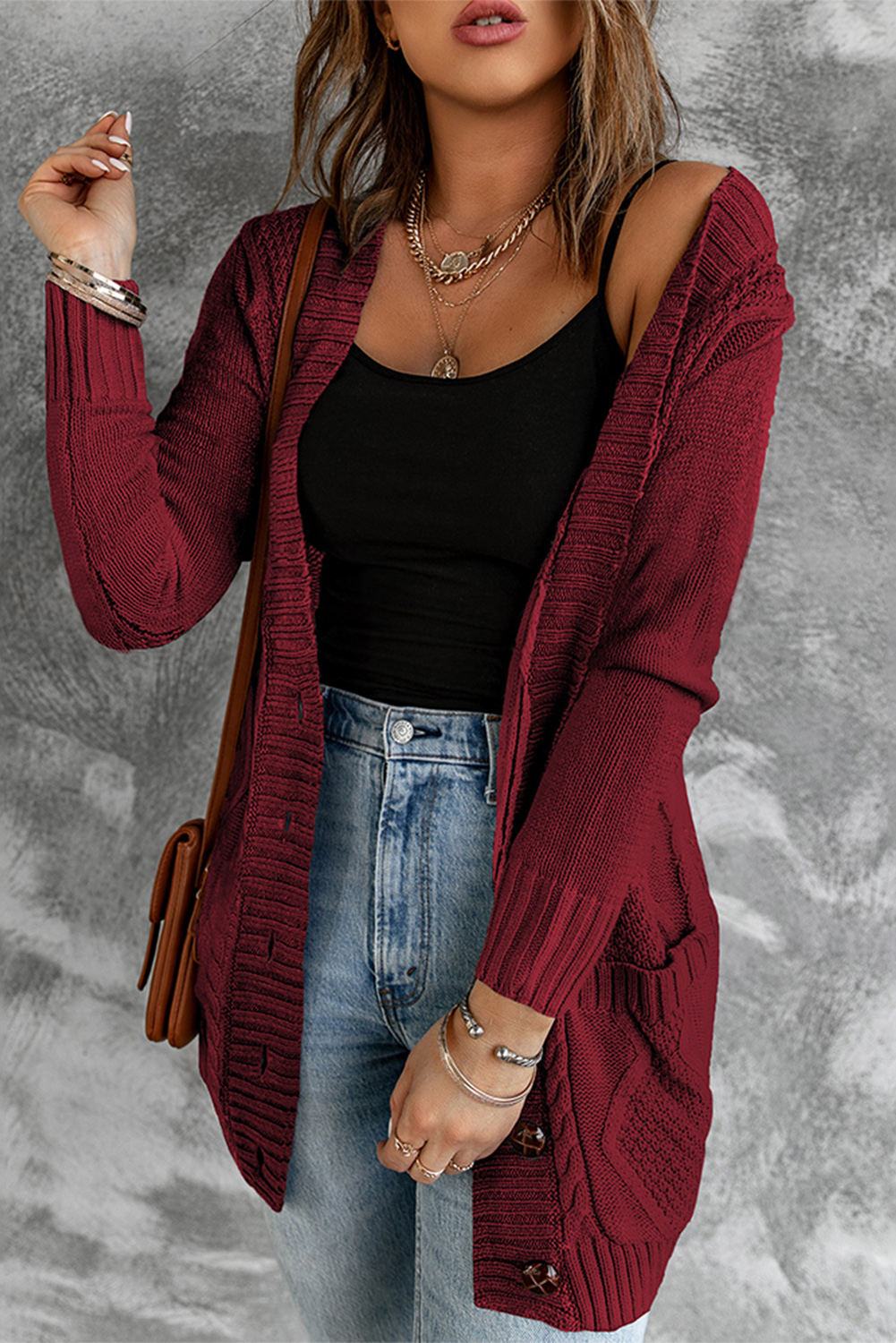 Burgundy Front Pocket and Buttons Closure Cardigan - (US 16-18)XL