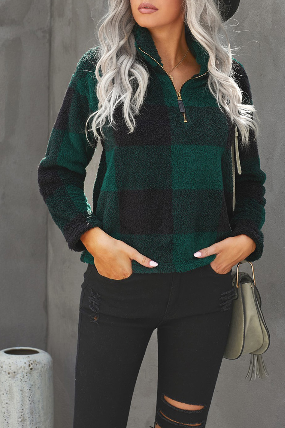Green Plaid Zip Collar Plush Pullover Sweatshirt  - (US 18-20)2XL