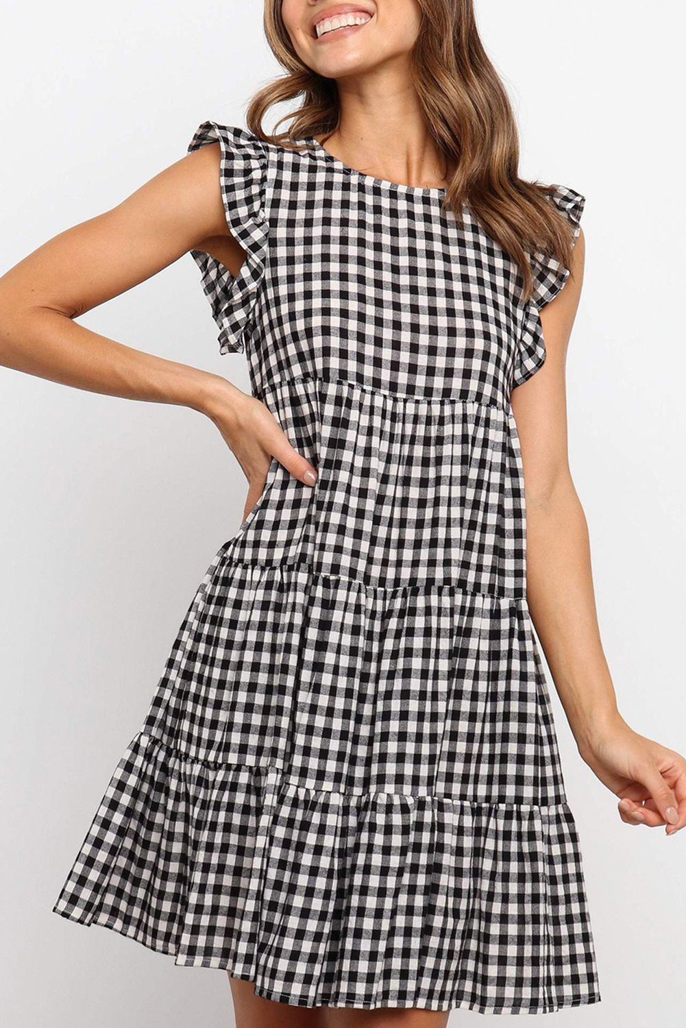Black Plaid Ruffled Mini Dress - (US 8-10)M