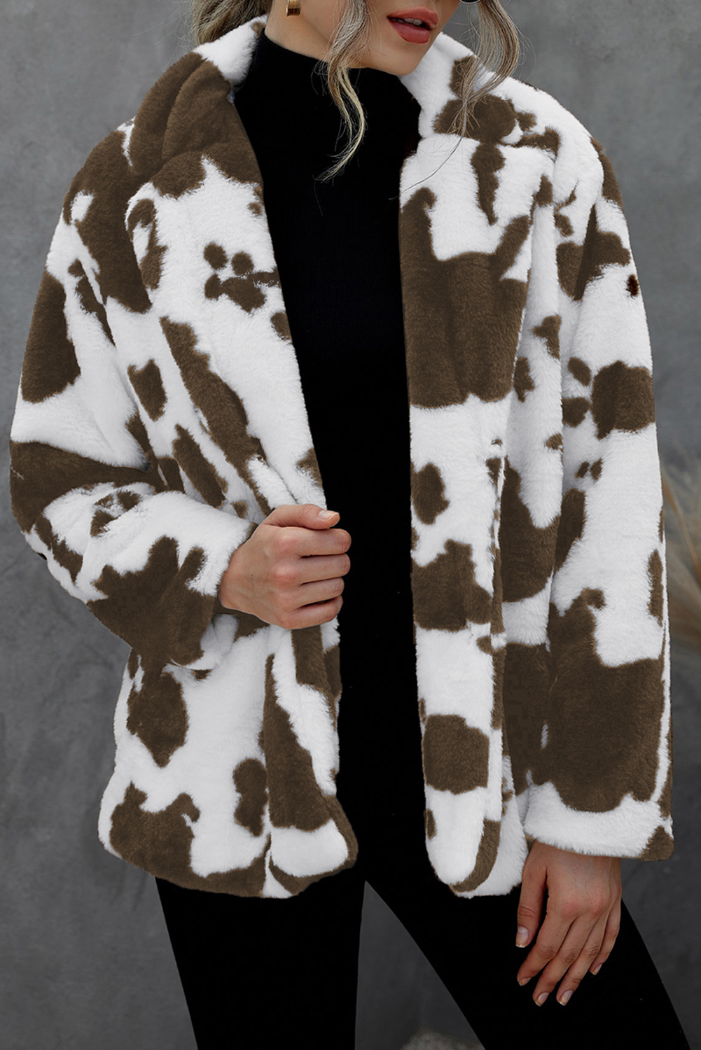 Cow Print Buttoned Open Front Fleece Coat - (US 4-6)S