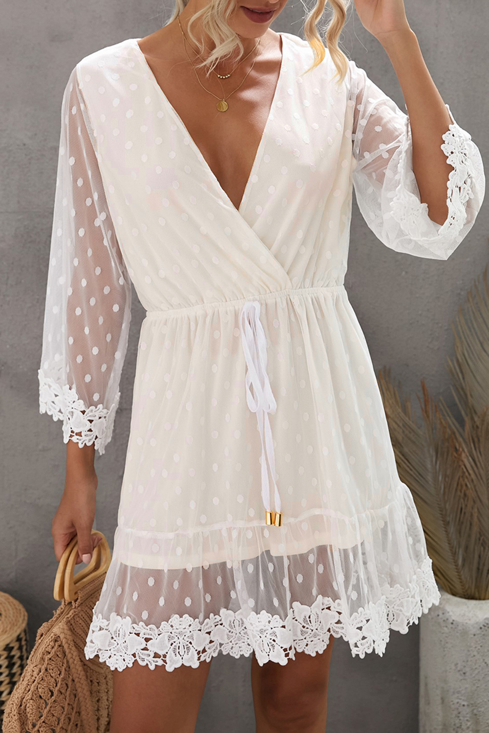 White Wrap V Neck Elastic Waist Polka Dot Mesh Lace Splicing Dress - (US 8-10)M