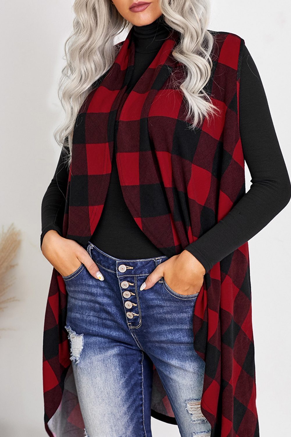 Red Plaid Asymmetric Sleeveless Cardigan - (US 8-10)M