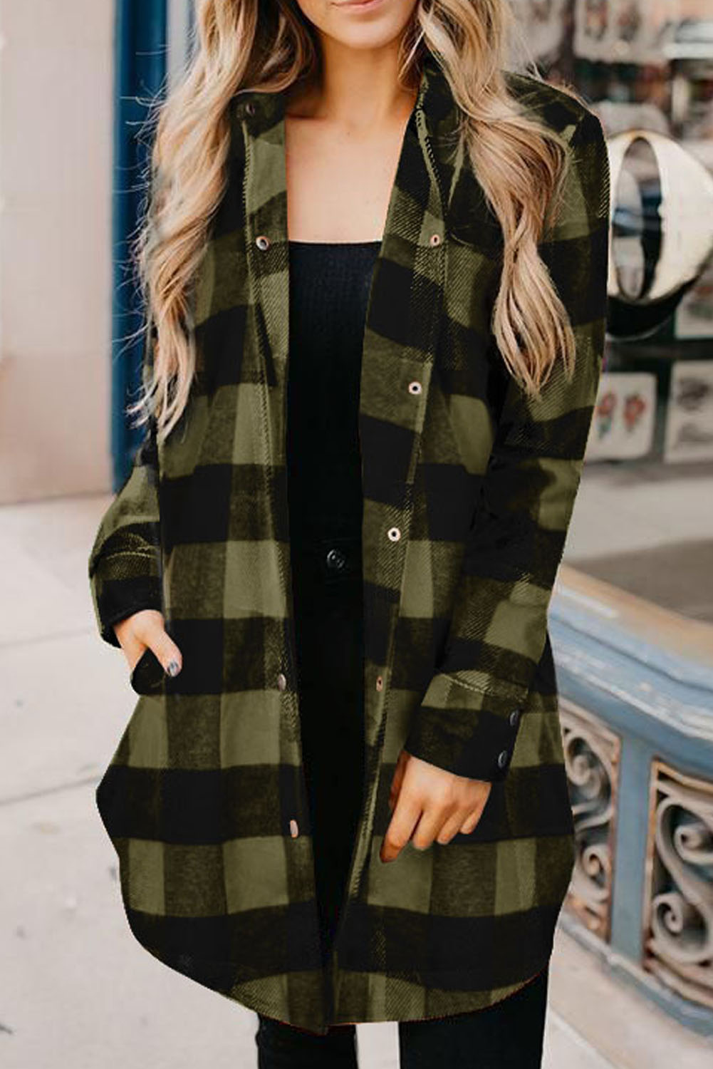 Green Turn-down Collar Plaid Shirt Coat - (US 4-6)S