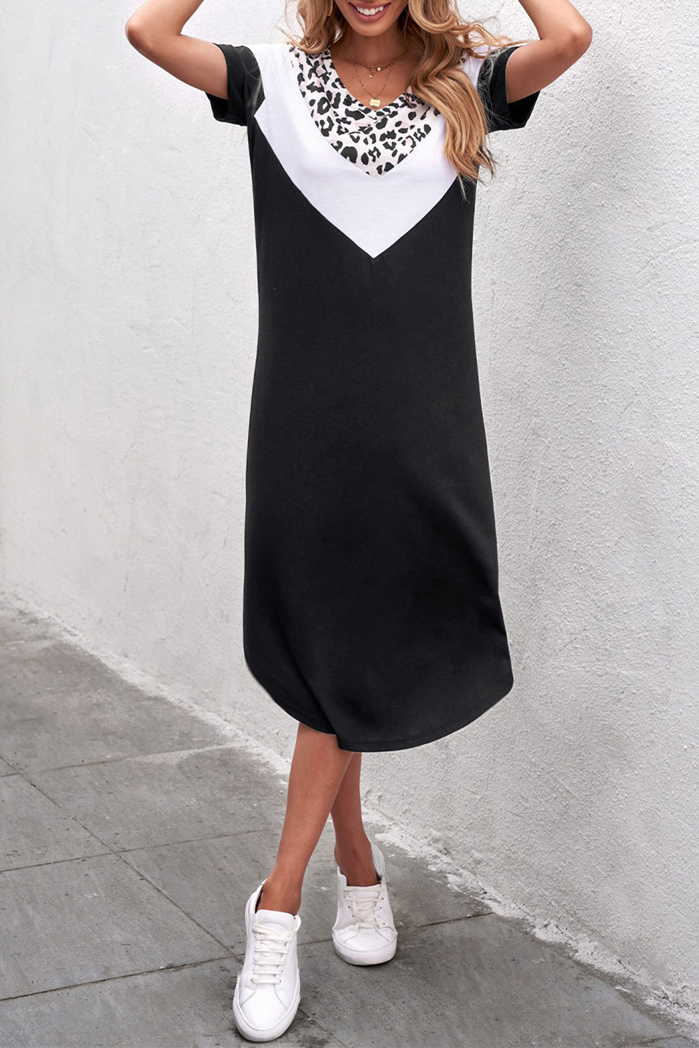 Black V Neck Contrast Leopard Print Short Sleeves Split Maxi Dress - (US 12-14)L
