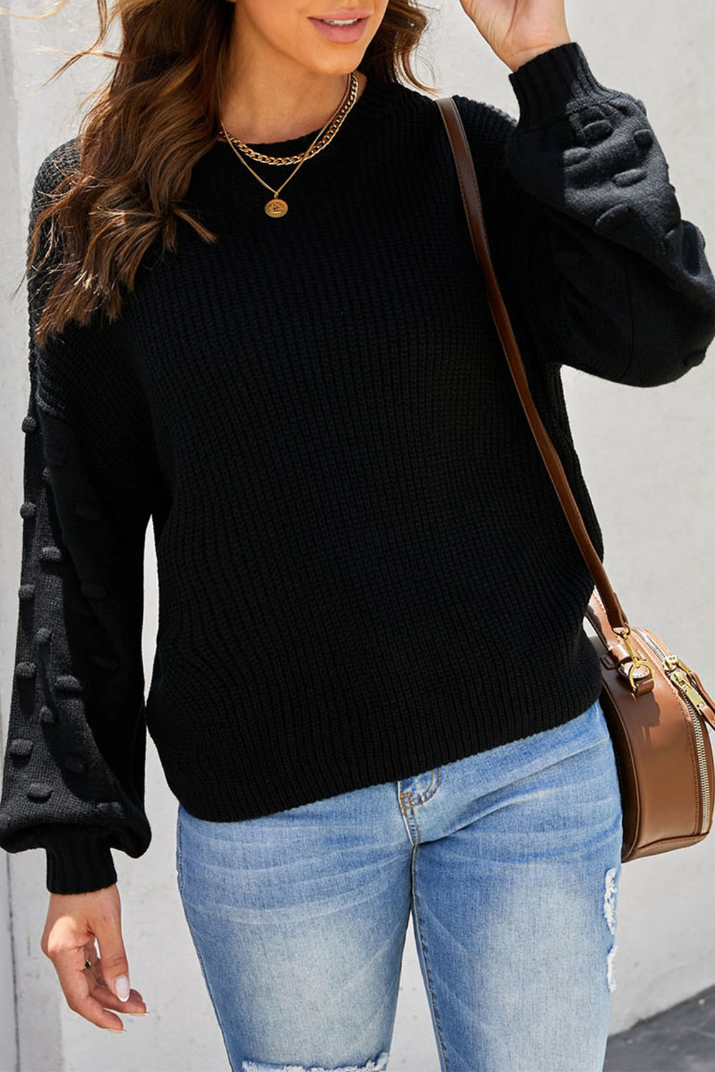 Black Bubble Sleeve Cropped Knit Sweater - (US 12-14)L