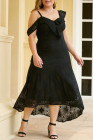 Black Asymmetric Ruffle Shoulder Design Plus Size Lace Dress