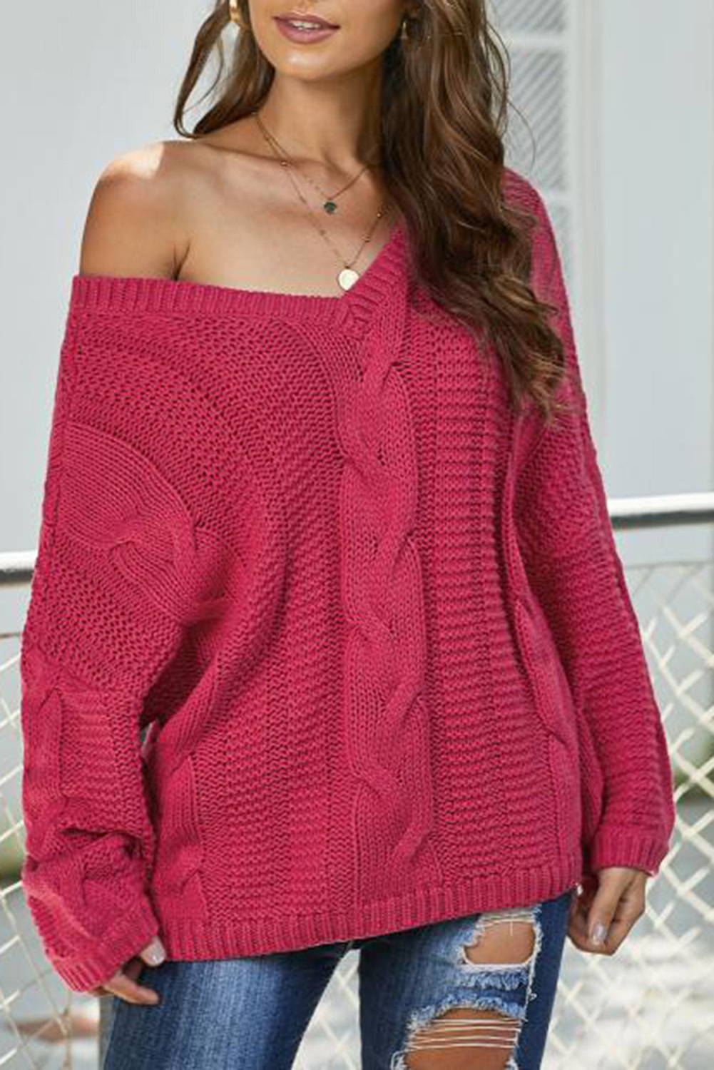 Rose Bubblegum V-Neck Braided Knit Sweater - (US 8-10)M
