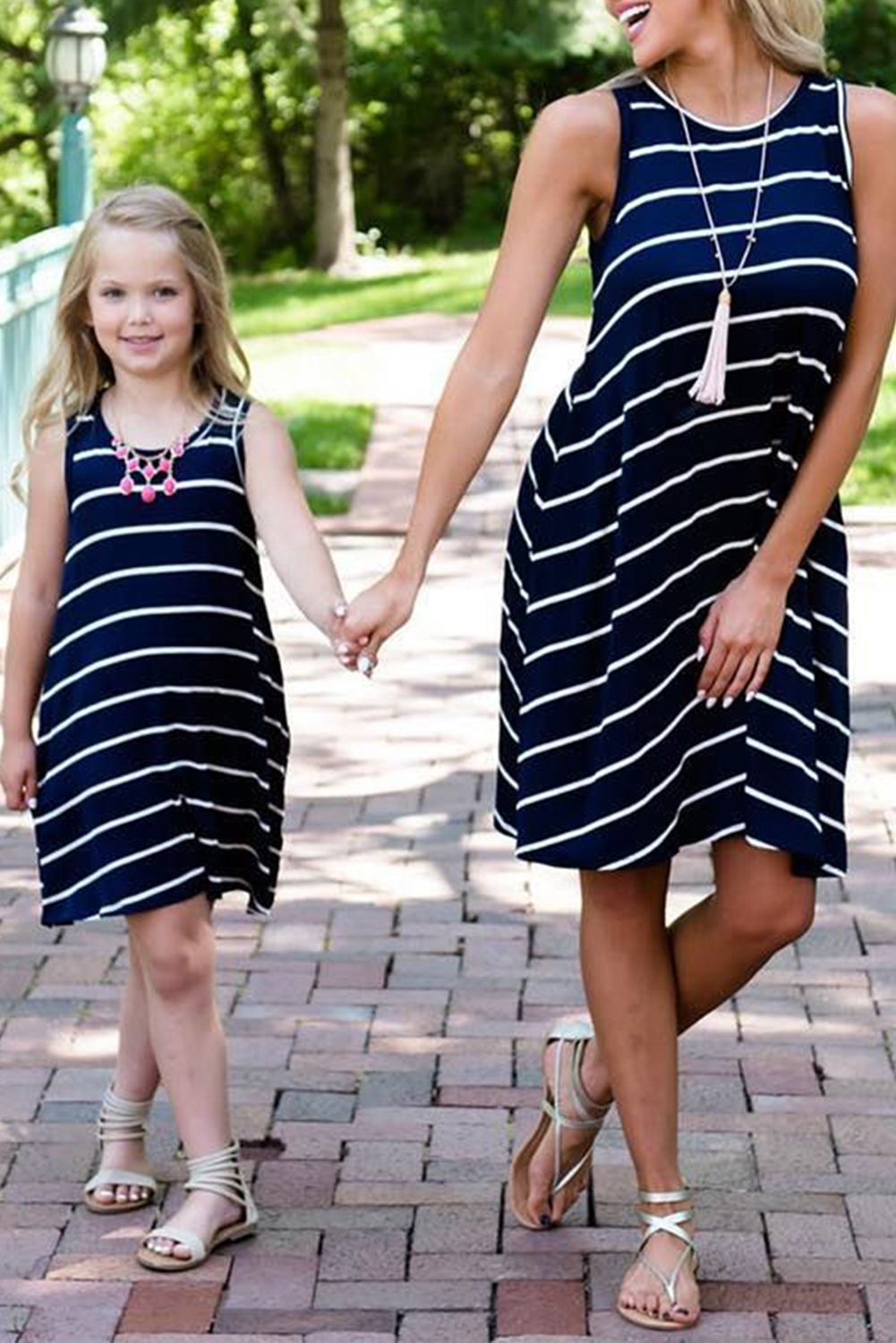 Daughter and Me Family Matching Navy Striped Sleeveless Mini Dress - (US 12-14)L