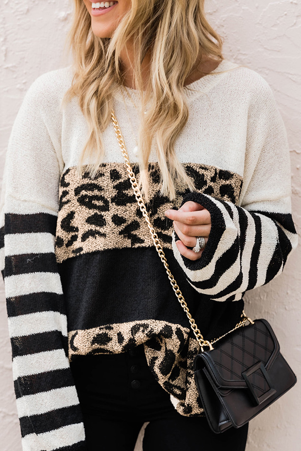 Slouchy Drop-shoulder Leopard Striped Colorblock Sweater - (US 4-6)S
