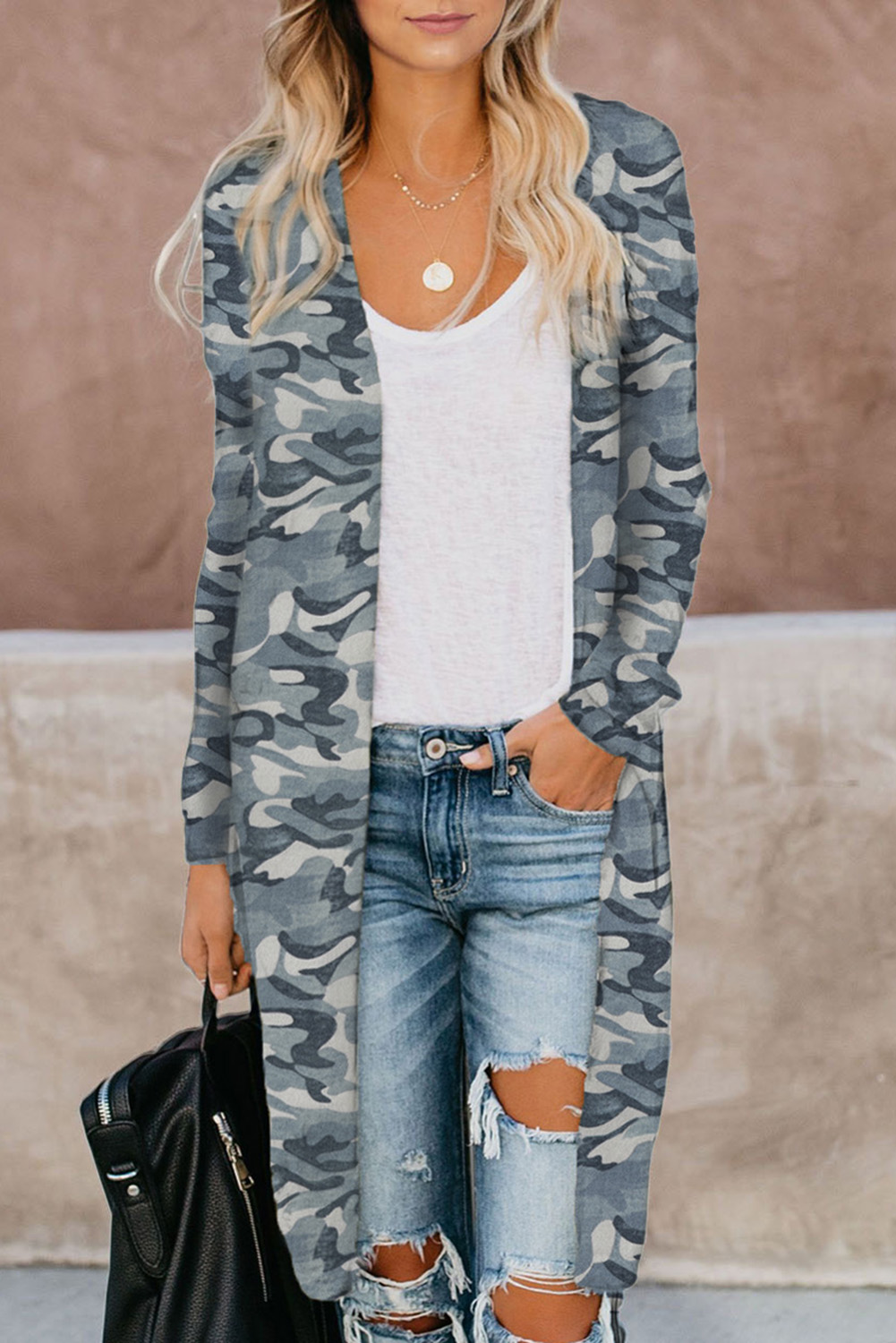 Gray Camo Print Long Cardigan - (US 4-6)S