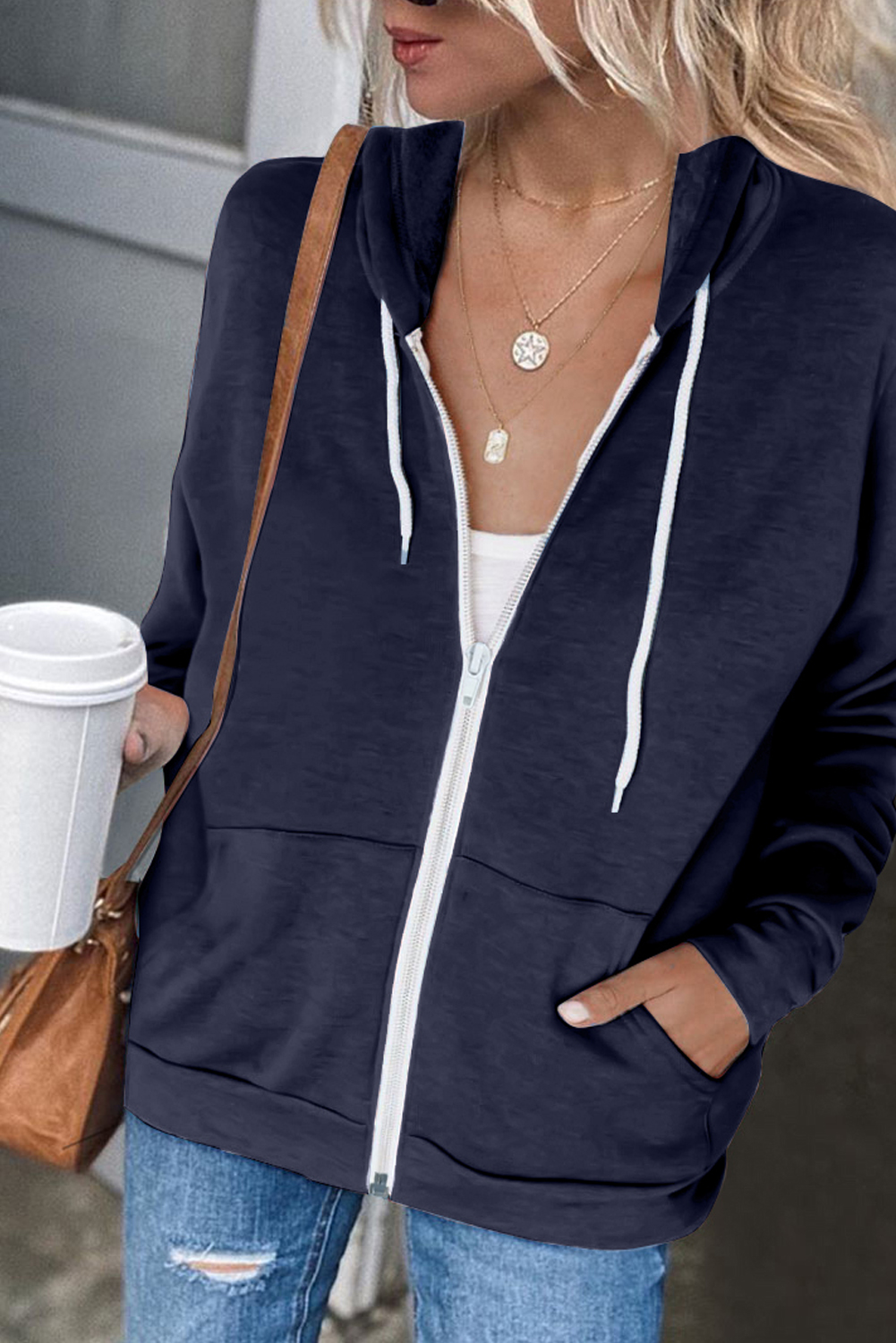 Dark Blue Zip-Up Pocket Drawstring Hoodie Jacket - (US 4-6)S