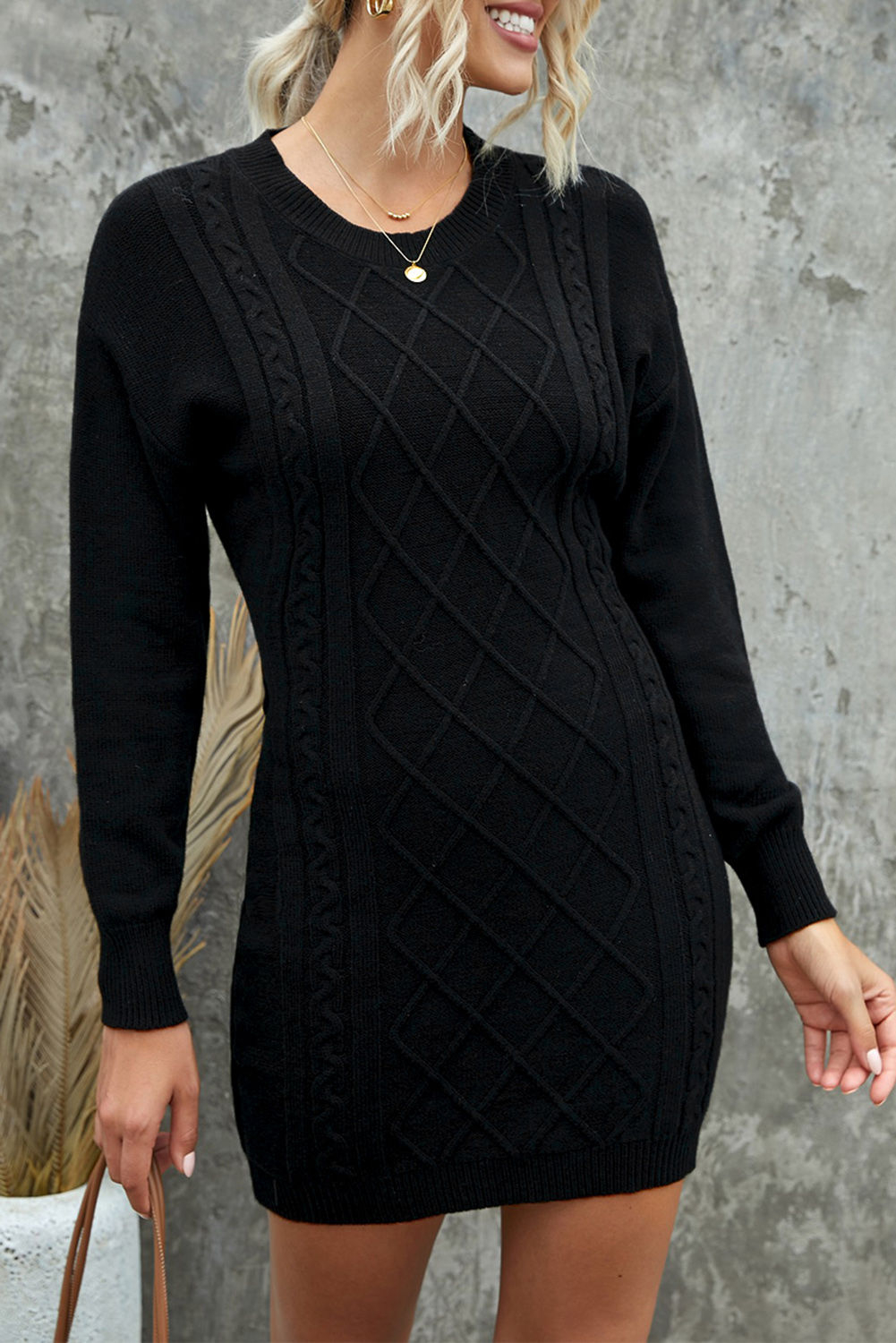 Black Geometric Texture Bodycon Sweater Dress (US 16-18)XL