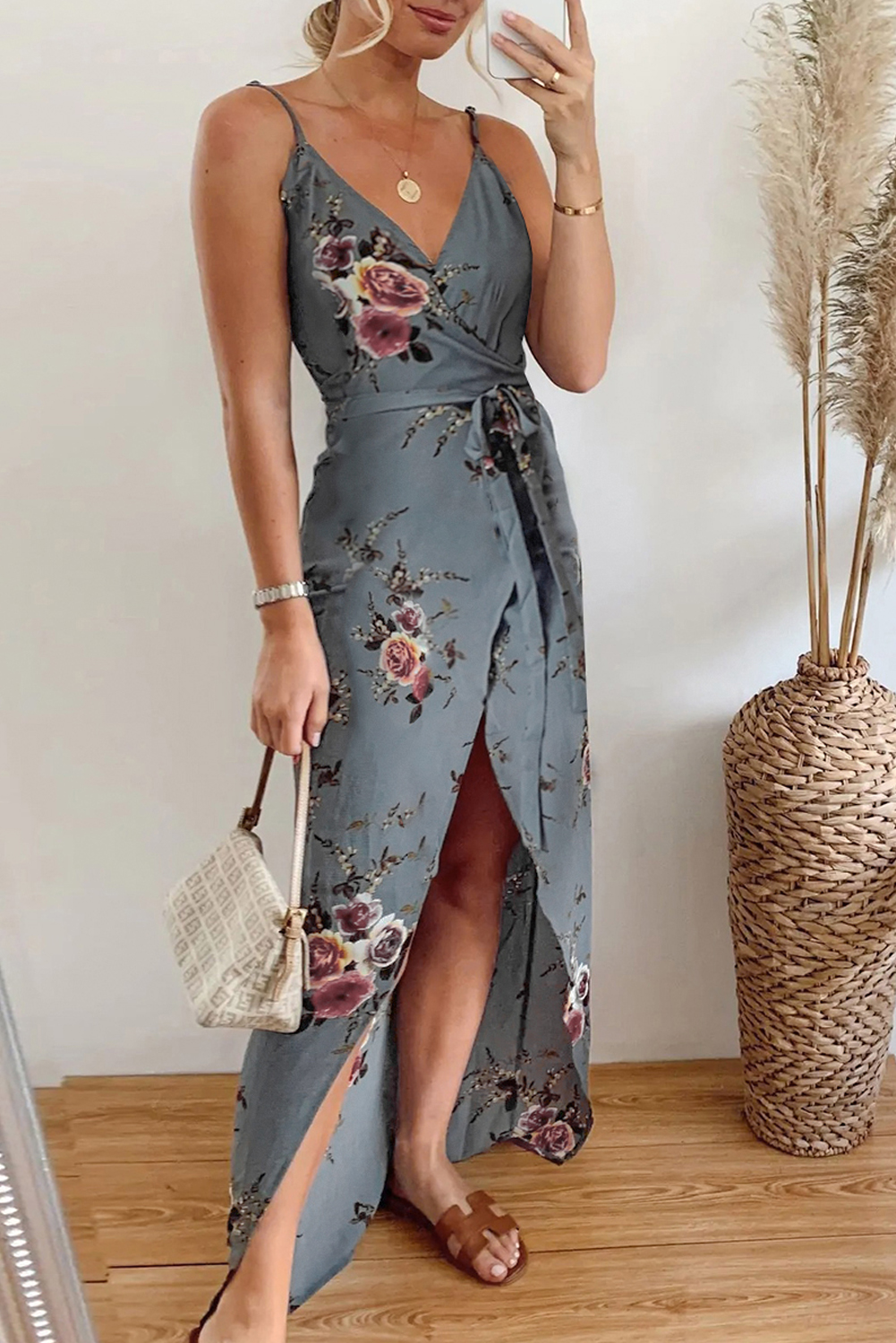 Gray Floral Wrap Maxi Dress With Slit - (US 4-6)S