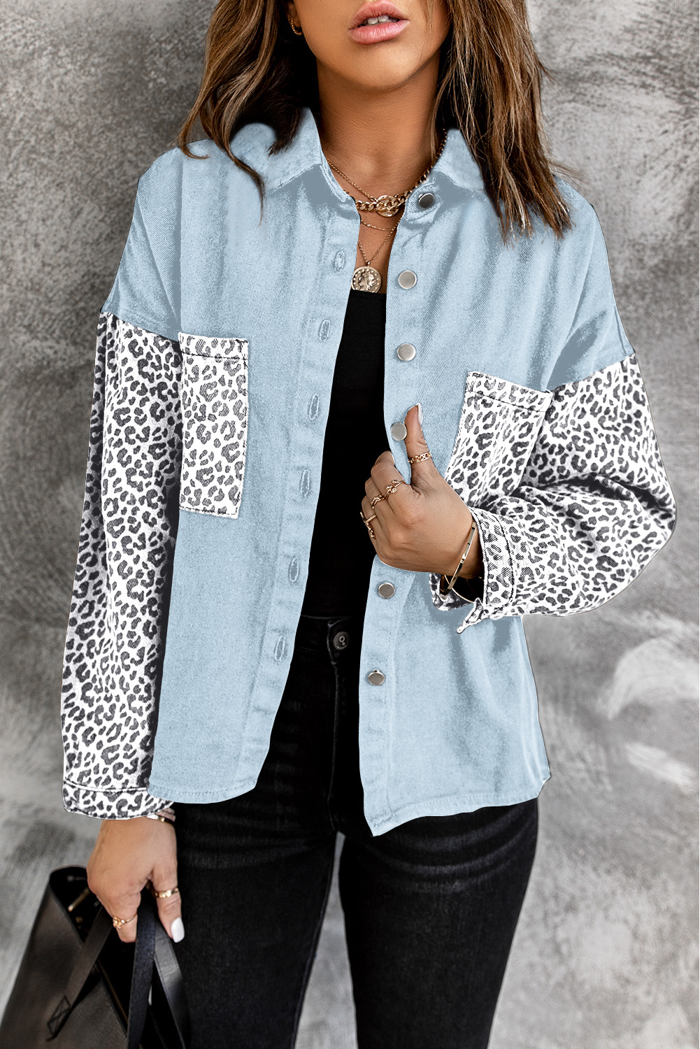 Sky Blue Contrast Leopard Denim Jacket - (US 4-6)S